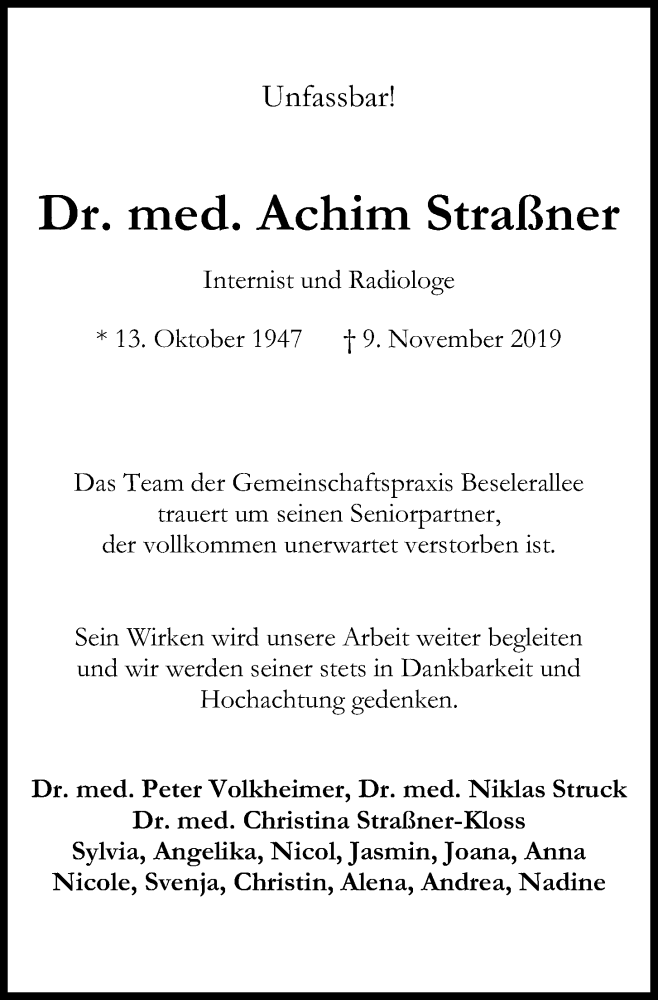  Traueranzeige für Achim Straßner vom 16.11.2019 aus Kieler Nachrichten