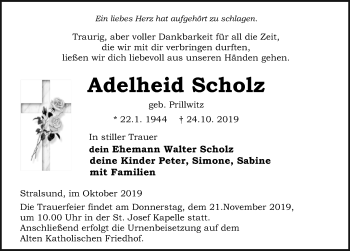 Traueranzeige von Adelheid Scholz von Ostsee-Zeitung GmbH