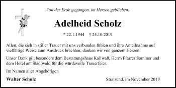 Traueranzeige von Adelheid Scholz von Ostsee-Zeitung GmbH