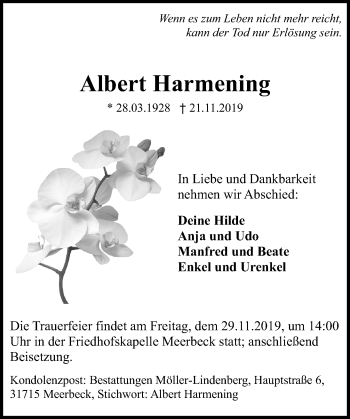 Traueranzeige von Albert Harmening von Schaumburger Nachrichten