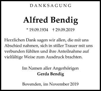 Traueranzeige von Alfred Bendig von Göttinger Tageblatt