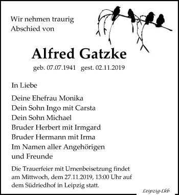 Traueranzeige von Alfred Gatzke von Leipziger Volkszeitung