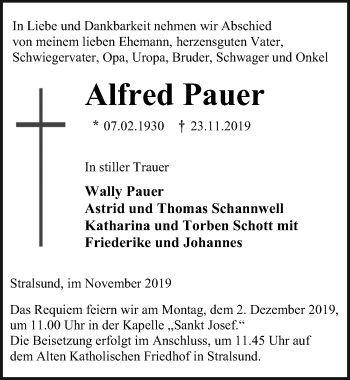 Traueranzeige von Alfred Pauer von Ostsee-Zeitung GmbH