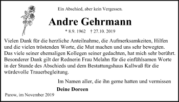Traueranzeige von Andre Gehrmann von Ostsee-Zeitung GmbH