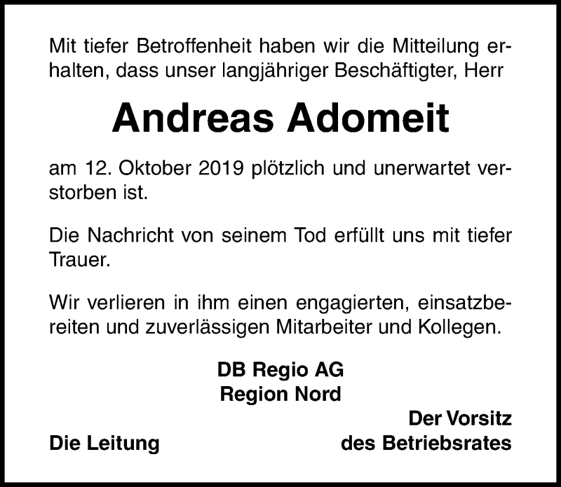  Traueranzeige für Andreas Adomeit vom 16.11.2019 aus Ostsee-Zeitung GmbH