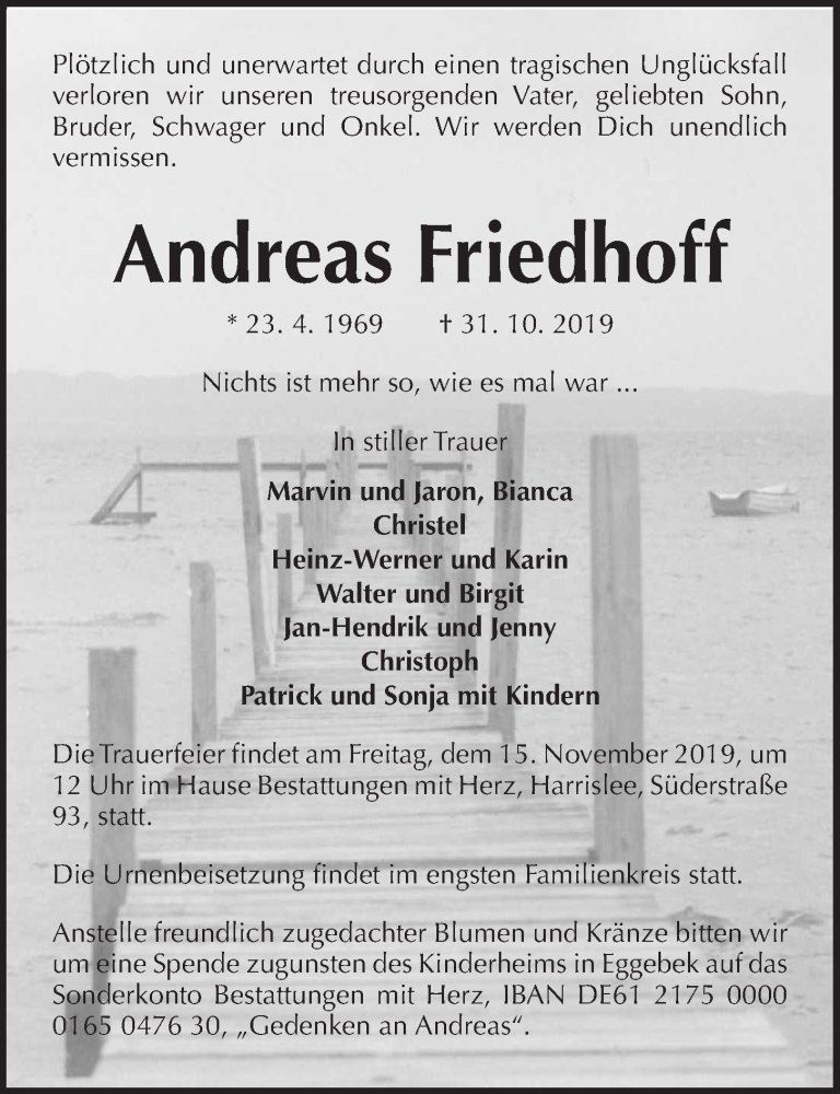 Traueranzeige für Andreas Friedhoff vom 13.11.2019 aus Kieler Nachrichten