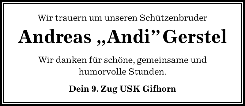  Traueranzeige für Andreas Gerstel vom 09.11.2019 aus Aller Zeitung
