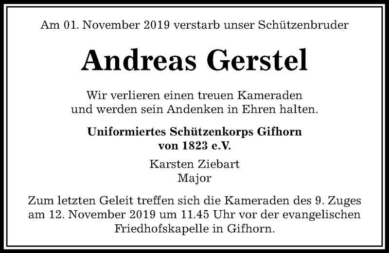  Traueranzeige für Andreas Gerstel vom 09.11.2019 aus Aller Zeitung