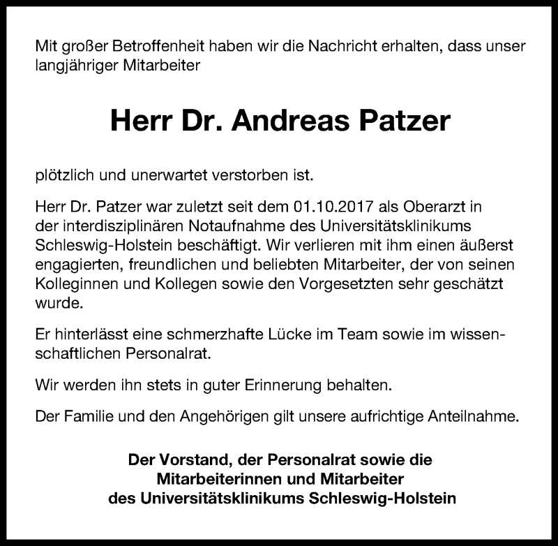  Traueranzeige für Andreas Patzer vom 03.11.2019 aus Lübecker Nachrichten