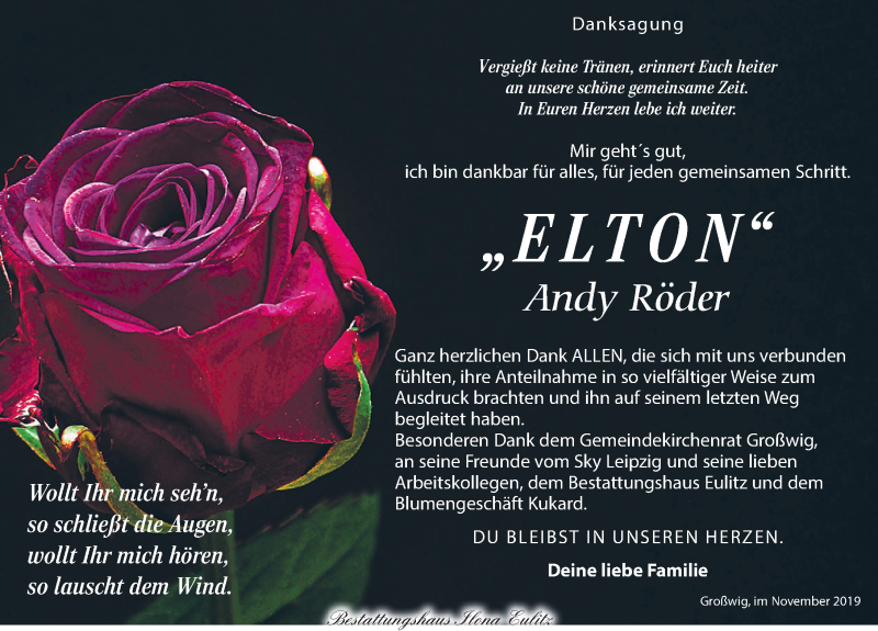  Traueranzeige für Andy Röder vom 09.11.2019 aus Torgauer Zeitung