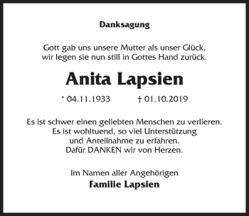 Traueranzeige von Anita Lapsien von Märkischen Allgemeine Zeitung