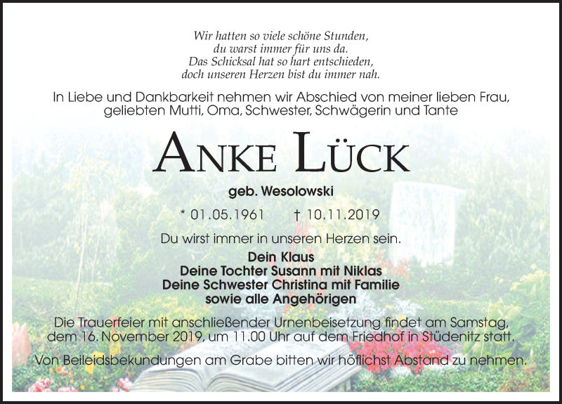  Traueranzeige für Anke Lück vom 13.11.2019 aus Märkischen Allgemeine Zeitung