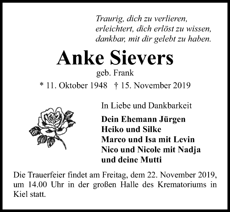  Traueranzeige für Anke Sievers vom 16.11.2019 aus Kieler Nachrichten
