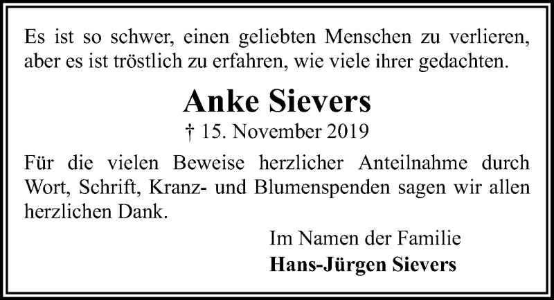  Traueranzeige für Anke Sievers vom 30.11.2019 aus Kieler Nachrichten