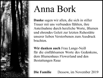 Traueranzeige von Anna Bork von Märkischen Allgemeine Zeitung