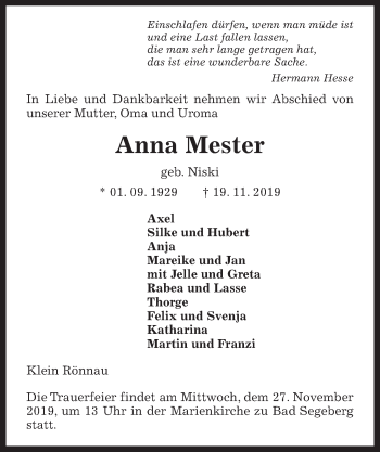 Traueranzeige von Anna Mester von Kieler Nachrichten