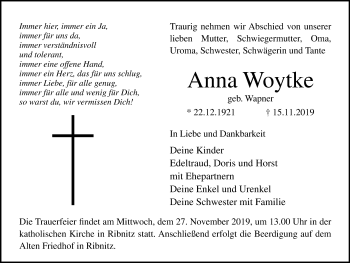 Traueranzeige von Anna Woytke von Ostsee-Zeitung GmbH