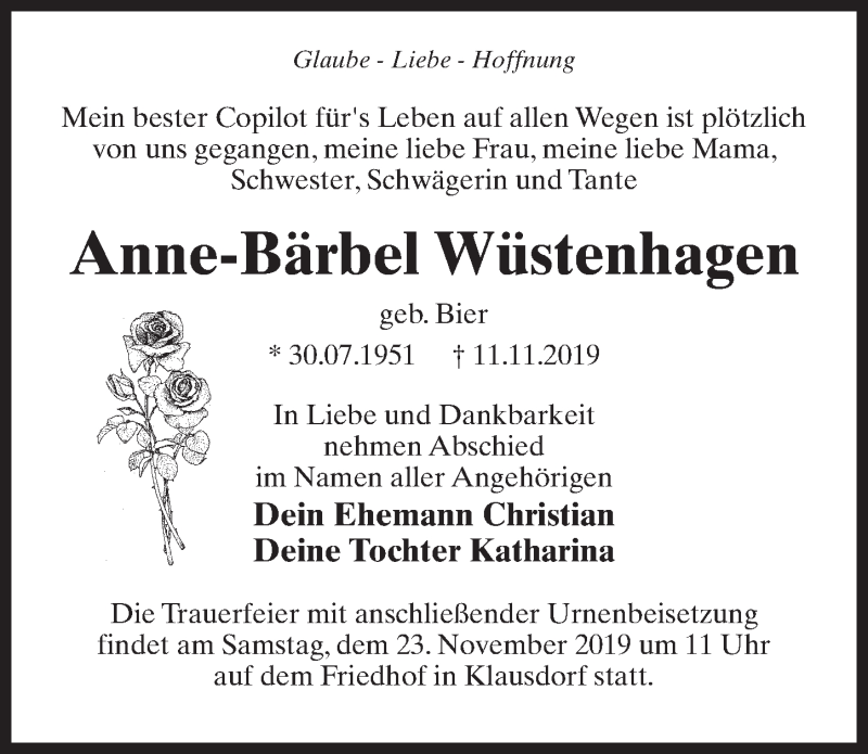  Traueranzeige für Anne-Bärbel Wüstenhagen vom 16.11.2019 aus Märkischen Allgemeine Zeitung