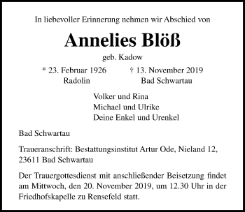 Traueranzeige von Annelies Blöß von Lübecker Nachrichten