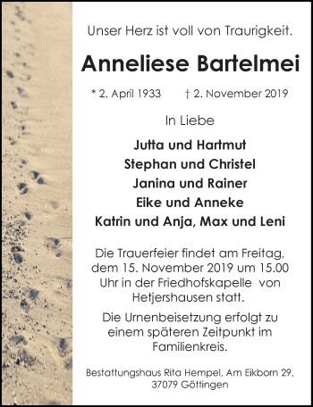 Traueranzeige von Anneliese Bartelmei von Göttinger Tageblatt