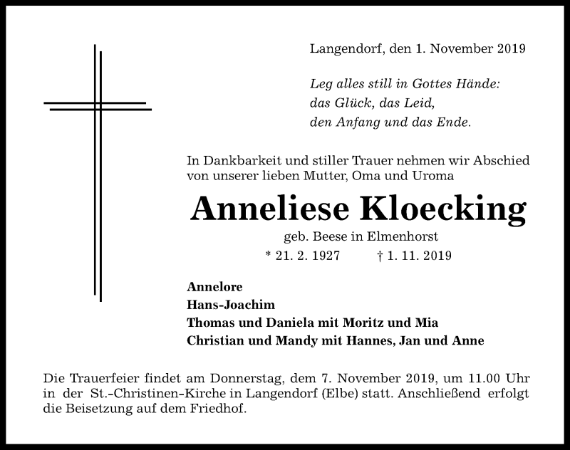  Traueranzeige für Anneliese Kloecking vom 06.11.2019 aus Ostsee-Zeitung GmbH