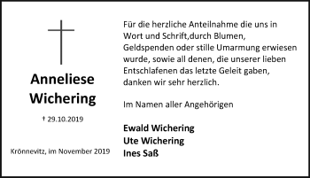 Traueranzeige von Anneliese Wichering von Ostsee-Zeitung GmbH