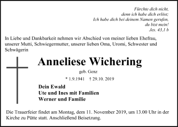Traueranzeige von Anneliese Wichering von Ostsee-Zeitung GmbH