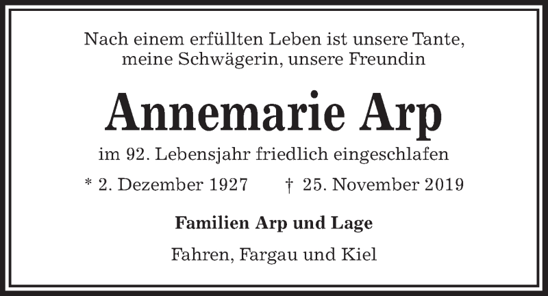  Traueranzeige für Annemarie Arp vom 30.11.2019 aus Kieler Nachrichten