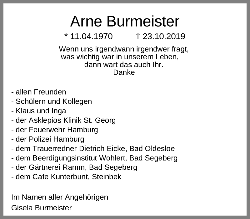  Traueranzeige für Arne Burmeister vom 30.11.2019 aus Kieler Nachrichten