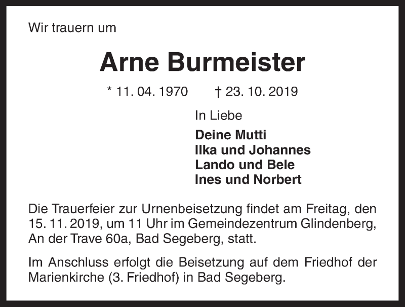  Traueranzeige für Arne Burmeister vom 06.11.2019 aus Kieler Nachrichten