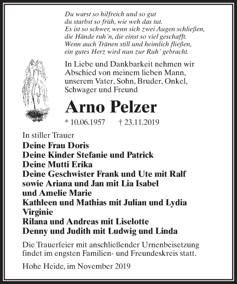  Traueranzeige für Arno Pelzer vom 30.11.2019 aus Märkischen Allgemeine Zeitung