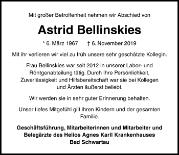 Traueranzeige von Astrid Bellinskies von Lübecker Nachrichten