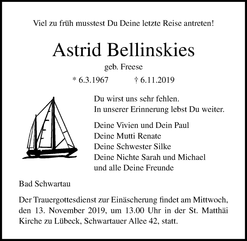  Traueranzeige für Astrid Bellinskies vom 10.11.2019 aus Lübecker Nachrichten
