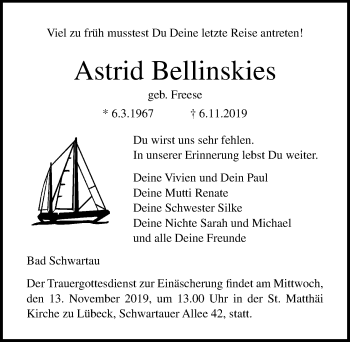 Traueranzeige von Astrid Bellinskies von Lübecker Nachrichten