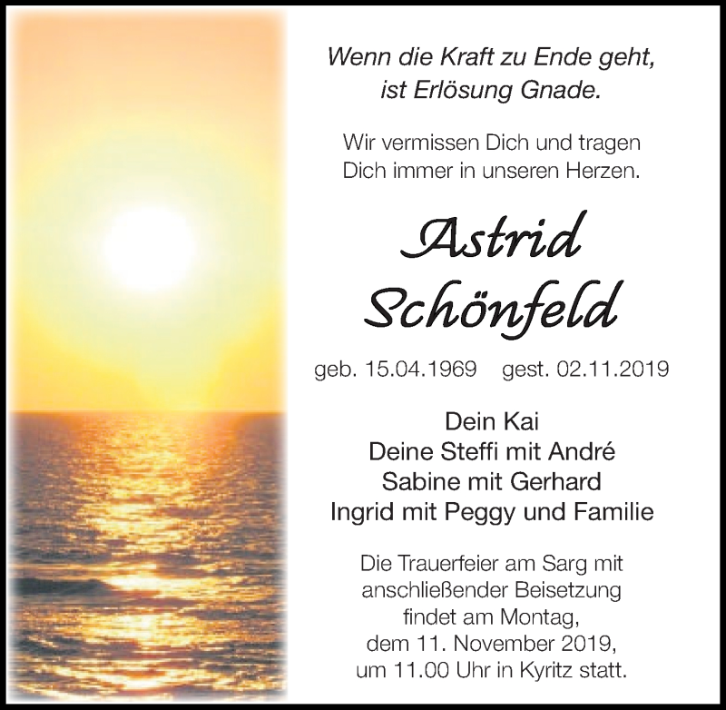  Traueranzeige für Astrid Schönfeld vom 06.11.2019 aus Märkischen Allgemeine Zeitung