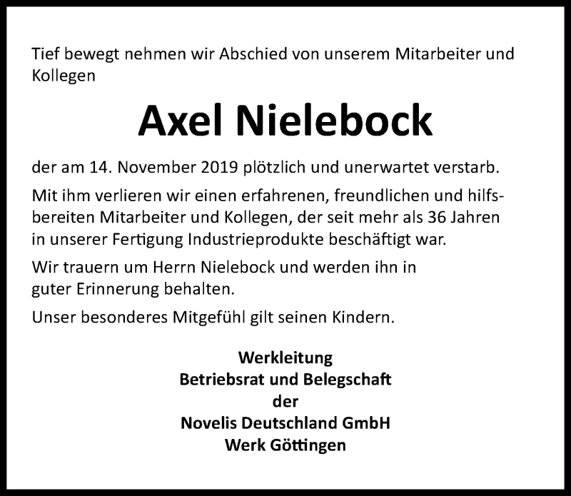  Traueranzeige für Axel Nielebock vom 23.11.2019 aus Göttinger Tageblatt
