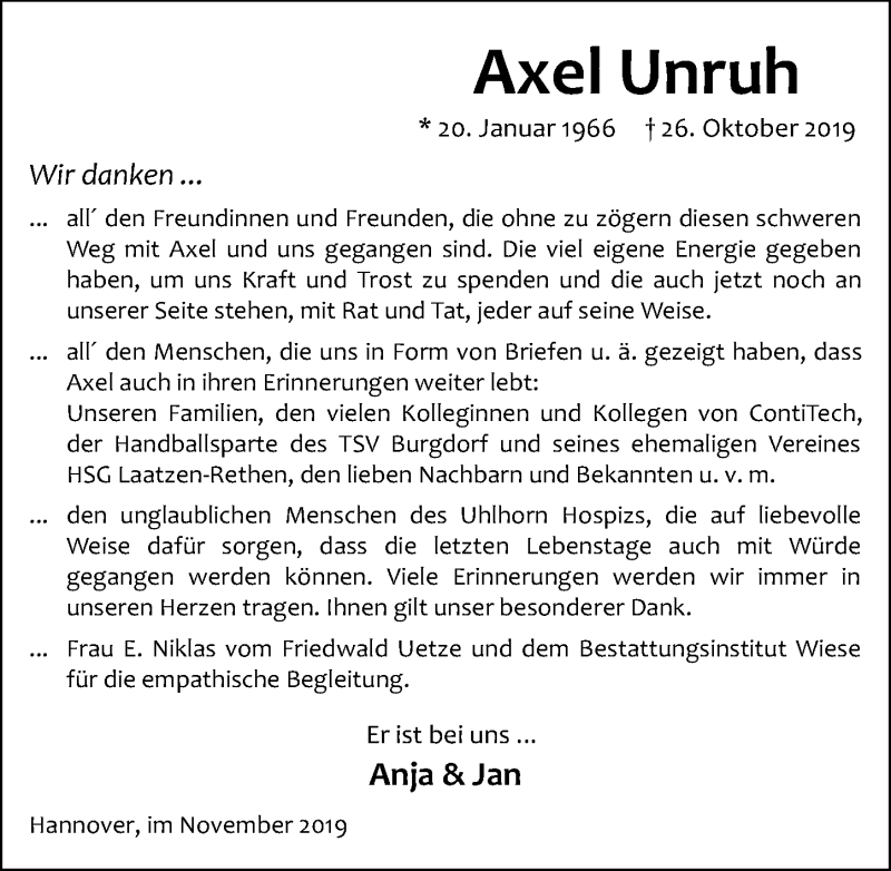  Traueranzeige für Axel Unruh vom 30.11.2019 aus Hannoversche Allgemeine Zeitung/Neue Presse