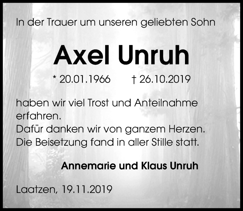  Traueranzeige für Axel Unruh vom 23.11.2019 aus Hannoversche Allgemeine Zeitung/Neue Presse