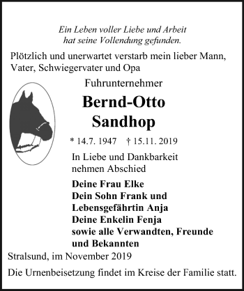 Traueranzeige von Bernd-Otto Sandhop von Ostsee-Zeitung GmbH