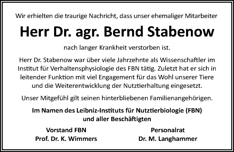  Traueranzeige für Bernd Stabenow vom 23.11.2019 aus Ostsee-Zeitung GmbH
