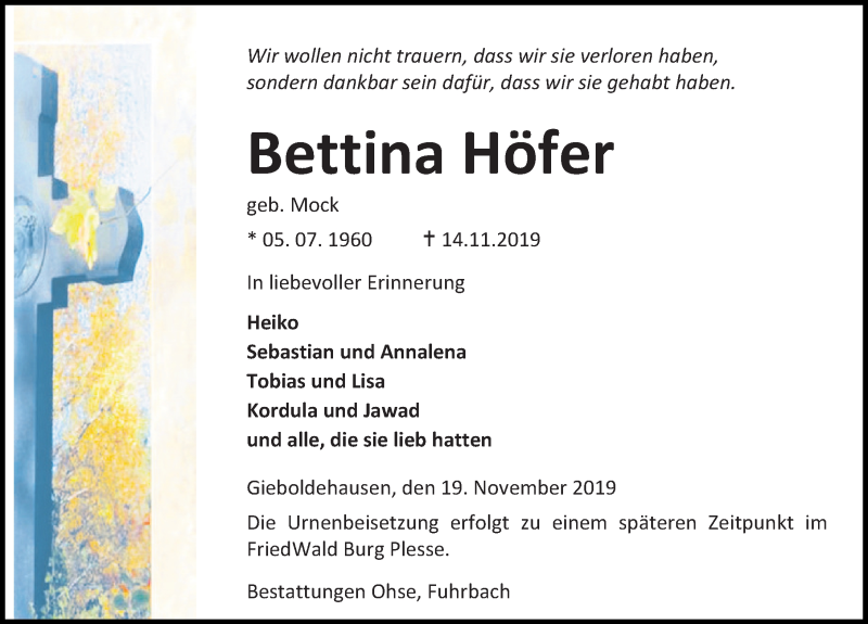  Traueranzeige für Bettina Höfer vom 19.11.2019 aus Eichsfelder Tageblatt