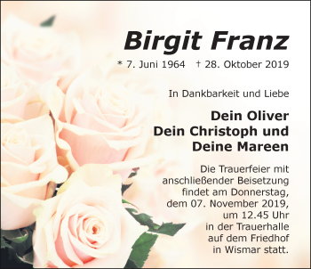 Traueranzeige von Birgit Franz von Ostsee-Zeitung GmbH