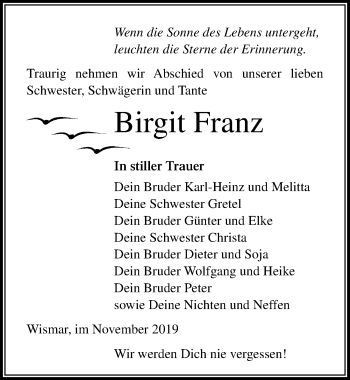 Traueranzeige von Birgit Franz von Ostsee-Zeitung GmbH