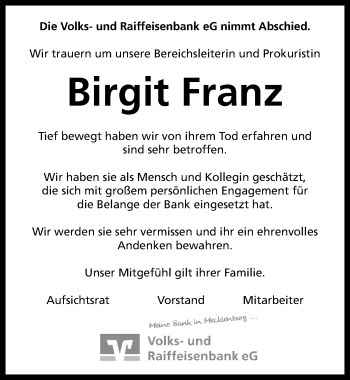 Traueranzeige von Birgit Franz von Ostsee-Zeitung GmbH