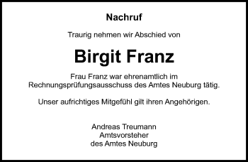 Traueranzeige von Birgit Franz von Ostsee-Zeitung GmbH