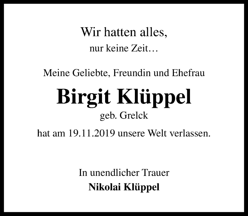  Traueranzeige für Birgit Klüppel vom 23.11.2019 aus Lübecker Nachrichten