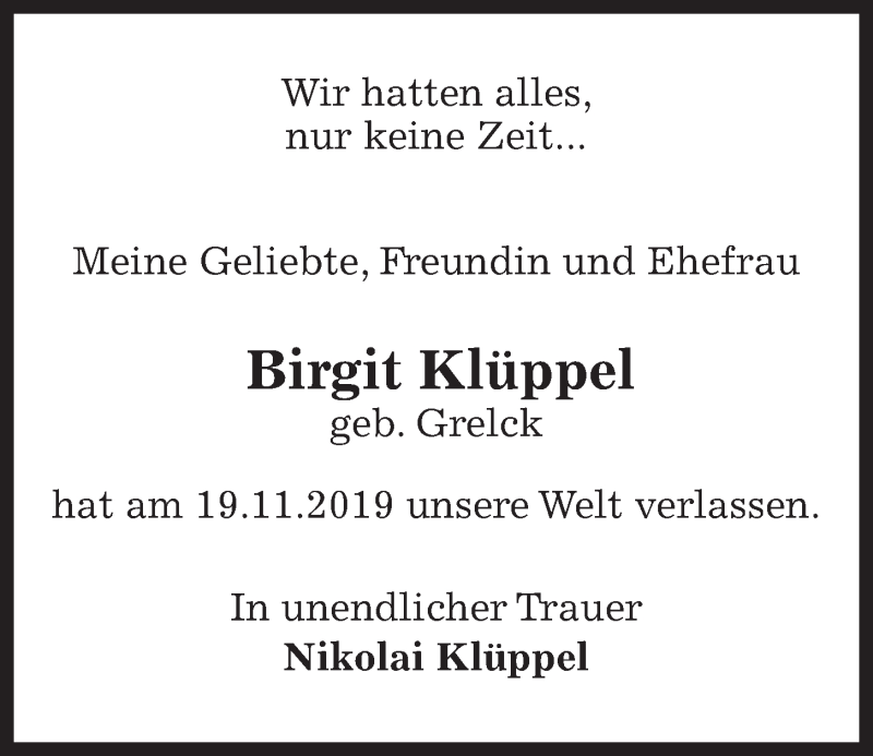  Traueranzeige für Birgit Klüppel vom 27.11.2019 aus Kieler Nachrichten