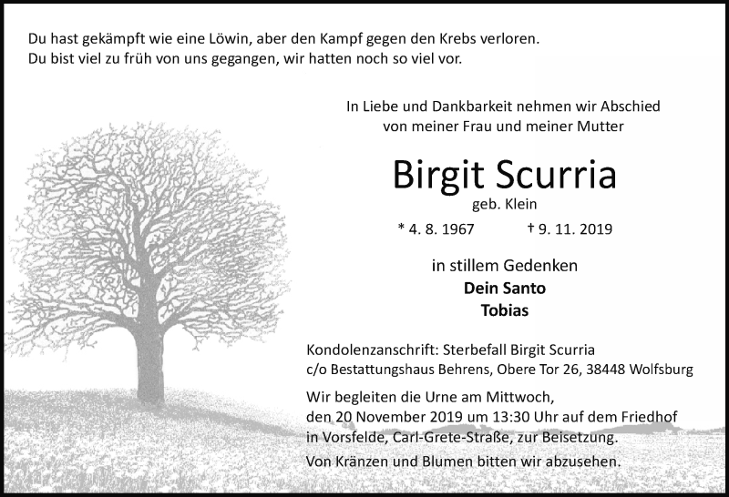  Traueranzeige für Birgit Scurria vom 16.11.2019 aus Aller Zeitung