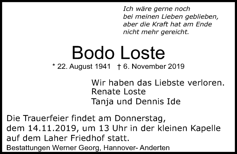  Traueranzeige für Bodo Loste vom 09.11.2019 aus Hannoversche Allgemeine Zeitung/Neue Presse