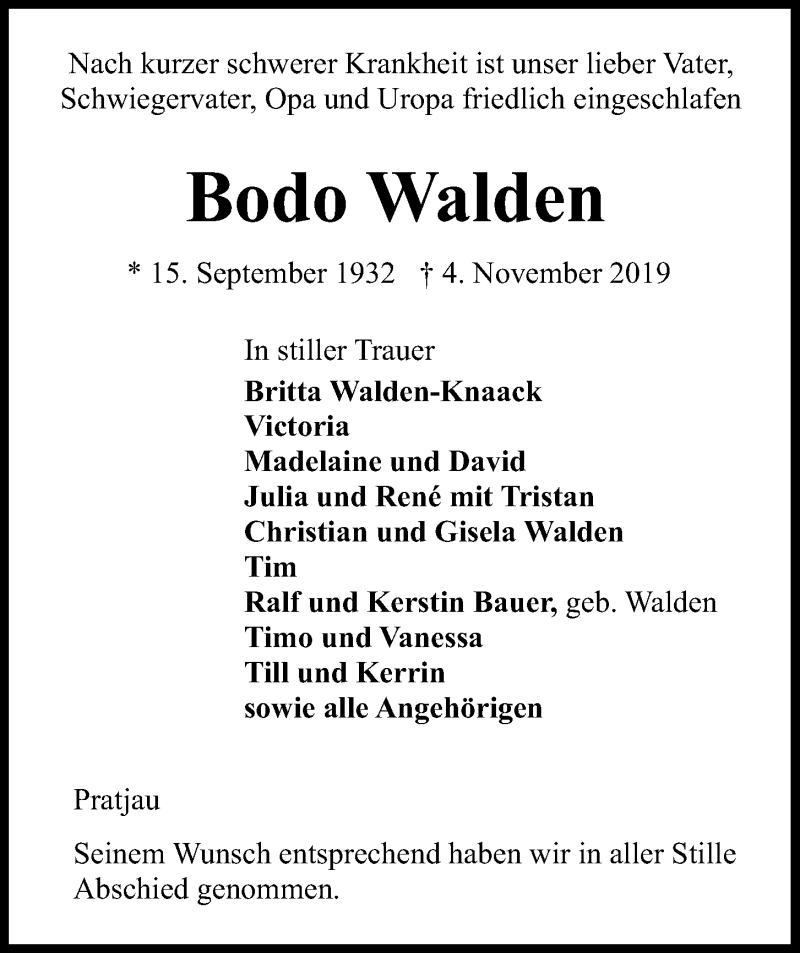  Traueranzeige für Bodo Walden vom 09.11.2019 aus Kieler Nachrichten